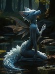 anthro barefoot breasts bushy_tail choker feet female flower forest fur jewelry lily_pad looking_up membrane_(anatomy) membranous_wings necklace notched_wings on_knees orange_eyes plant pond pseudo_clothes side_view small_breasts solo solo_focus tree white_body white_fur wings valendier canid canine fennec fox mammal