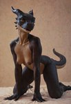 all_fours anthro black_body breasts female horn looking_at_viewer nipples non-mammal_breasts nude photorealism photorealistic presenting raised_tail realistic scales smile solo joeverlong kobold scalie detailed hi_res