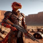 anthro armor brown_clothing clothing gun male ranged_weapon red_body red_scales rifle scales soldier solo warrior wasteland weapon omgechounknown lizard lizardman reptile scalie watermark