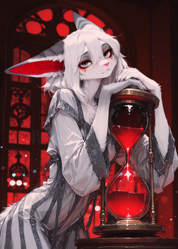 anthro clothed clothing eyeliner female fur grey_eyes hair hourglass_(object) looking_at_viewer makeup slim solo stripes white_body white_fur white_hair seli-32 seli_(seli-32) felid feline felis mammal hi_res