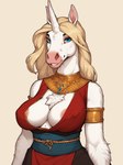 anthro areola areola_slip armband big_breasts blonde_hair blue_eyes breasts chest_tuft clothed clothing dress female fur gold_(metal) gold_jewelry hair horn jewelry long_hair looking_at_viewer necklace sash simple_background smile smiling_at_viewer solo standing tuft unicorn_horn white_body white_fur langri mirage_(langri) equid equine horse mammal unicorn hi_res