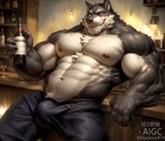 anthro bar bladewolf74 bottomwear bulge canid canine canis clothing container cup drinking_glass glass glass_container glass_cup hi_res male mammal muscular nipples pants seductive solo wine_glass wolf