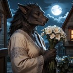 anthro bouquet building clothing cloud eyes_closed female flower holding_bouquet holding_flower holding_object house moon night plant robe smile sniffing solo natox skyrim_werewolf canid canine mammal were werecanid werecanine werewolf attempted_signature