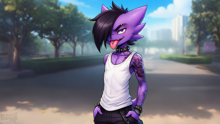 anthro arm_tattoo armband biped black_bottomwear black_clothing black_hair blurred_background bottomwear bracelet clothed clothing collar detailed_background eyebrow_piercing facial_piercing hair hair_over_eye hand_in_pocket hands_in_both_pockets jewelry looking_at_viewer male one_eye_obstructed open_mouth outside pants piercing plant pockets punk purple_body purple_eyes ring_piercing shirt shoulder_tattoo sky smile solo spiked_armband spiked_collar spiked_wristband spikes tank_top tattoo telegram telegram_logo text tongue tongue_out tongue_piercing topwear tree white_clothing wristband sergalbutt nintendo pokemon hunter_(sergalbutt) generation_1_pokemon haunter pokemon_(species) 16:9 director_name hi_res signature url widescreen