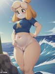 animal_crossing anthro beach blue_clothing blue_shirt blue_topwear blush bottomless breasts canid canine canis clothed clothing domestic_dog female fur genitals hands_on_hips isabelle_(animal_crossing) mammal medium_breasts navel outdoors pussy sea seaside shih_tzu shirt sklimaa smile solo standing thick_thighs topwear toy_dog water wave wide_hips yellow_body yellow_fur