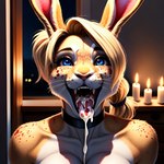 anthro bodily_fluids candlelight cum cum_in_mouth cum_inside cum_on_face female freckles freckles_on_face genital_fluids light looking_at_viewer smile solo tongue tongue_out lincsai hare lagomorph leporid mammal absurd_res hi_res