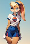 anthro bottomwear breasts clothing female gloves handwear looking_at_viewer medium_breasts miniskirt shirt skirt solo standing t-shirt topwear foxlover7796 lola_bunny lagomorph leporid mammal rabbit hi_res