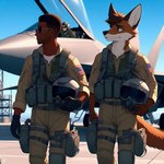 aircraft airplane anthro armor black_hair brown_body brown_fur brown_skin canid canine clothing duo eyewear flight_suit fox fur ghostrecon9i gloves hair handwear headgear helmet human jet male mammal sky sunglasses white_body white_fur