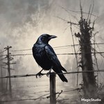 ambiguous_gender barbed_wire beak black_beak black_body feathers feral plant solo tail_feathers talons tree wings cow_of_fire avian bird corvid corvus_(genus) crow oscine passerine 1:1 watermark