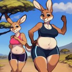 anthro belly bottomwear bra brown_eyes chest_tuft clothing cloud day duo eevee_k female female/female kangaroo looking_at_viewer macropod mammal marsupial multicolored_body navel plant savanna shorts slightly_chubby sports_bra tree tuft two_tone_body underwear