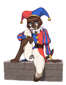 anthro balls barefoot bell belt biped blue_eyes chastity_cage chastity_device clothing feet fool's_hat frown fur genitals hand_on_leg hat headgear headwear jester male multicolored_body multicolored_fur rock_wall solo two_tone_body two_tone_fur anonymous_director invoke_high felid feline mammal hi_res