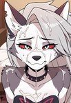 anthro blush bodily_fluids bukkake clothing cum cum_on_face female fur genital_fluids hair looking_at_viewer looking_pleasured smile solo tuft white_body white_fur prismai helluva_boss loona_(helluva_boss) canid canid_demon canine canis demon hellhound mammal wolf hi_res