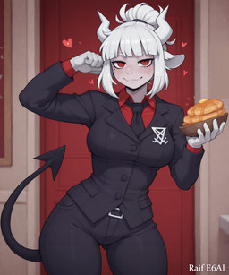 <3 anthro clothing female food holding_object pancake solo standing suit raif_ai helltaker goat_lucifer_(helltaker) bovid caprine demon goat mammal hi_res
