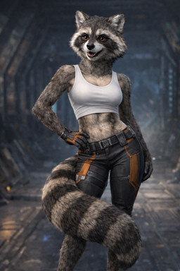 abs anthro athletic belt bottomwear casual_clothing cinematic_lighting clothed clothing confident dark_background female gloves hand_on_hip handwear long_tail pants shirt slim smile solo standing tail tank_top topwear tunnel fauirien rocket_raccoon mammal procyonid raccoon hi_res