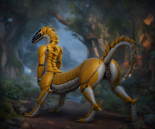 animal_genitalia animal_pussy anus black_anus black_pussy butt canine_genitalia canine_pussy claws female flower forest genitals metallic_body plant presenting presenting_hindquarters puffy_anus pussy raised_tail solo standing three-quarter_view tree white_body yellow_body blp hybrid scalie scalie_taur synth_(vader-san) taur absurd_res hi_res