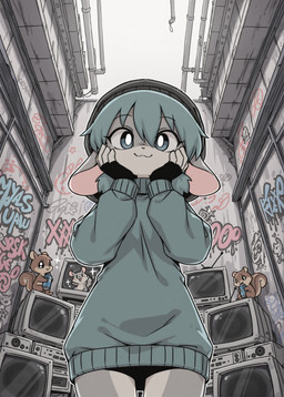 abandoned_building anthro beanie can clothing computer_monitor container female fingerless_gloves fluffy fur gloves graffiti grey_body grey_fur hair hand_on_cheek handwear hat headgear headwear low-angle_view outline short_hair solo sweater_dress teal_hair twintails_(hairstyle) holo_(director) sega mammal rodent sciurid absurd_res hi_res portrait three-quarter_portrait