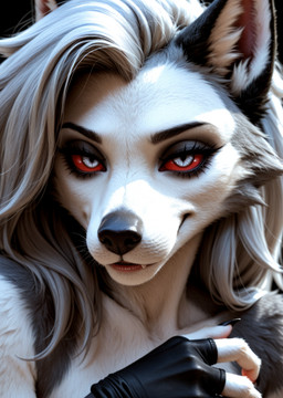 anthro bite biting_lip biting_own_lip black_body black_claws black_fur black_nose canine_ears canine_teeth claws close-up clothing eyebrows eyelashes female fur grey_body grey_eyes grey_fur hair handwear inner_ear_fluff long_hair looking_at_viewer makeup mythological red_sclera self_bite smile smiling_at_viewer snout solo teeth tuft whisker_spots whiskers white_body white_fur white_hair foxedfoxyfox helluva_boss loona_(helluva_boss) canid canid_demon canine canis demon hellhound mammal unknown_species wolf hi_res portrait