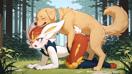 all_fours ambiguous_gender ambiguous_penetrated anal anal_penetration animal_genitalia animal_penis anthro anthro_on_feral anthro_penetrated bestiality biped blush bodily_fluids butt canine_genitalia canine_penis collar collar_only cum digitigrade doggystyle duo erection eyes_closed feet feral feral_penetrating feral_penetrating_anthro feral_penetrating_male floppy_ears forest from_behind_position fur genital_fluids genitals grass interspecies knot looking_pleasured male male/ambiguous male/male male_on_anthro male_on_feral male_penetrated male_penetrating male_penetrating_ambiguous male_penetrating_male motion_lines mounting nude open_mouth outside paws penetration penile penile_penetration penis plant pokephilia quadruped sex short_tail side_view tail teeth tongue tongue_out tree white_body white_fur yellow_body yellow_fur towersmash nintendo pokemon bird_dog canid canine canis cinderace domestic_dog generation_8_pokemon hunting_dog mammal pokemon_(species) retriever