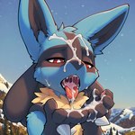 anthro black_body black_fur blue_body blue_fur blush bodily_fluids cum cum_drip cum_in_mouth cum_inside cum_on_face cum_on_pawpads cum_on_tongue dripping fur genital_fluids looking_down male red_eyes solo spikes tan_body tan_fur tongue tongue_out lucalex nintendo pokemon generation_4_pokemon lucario pokemon_(species)
