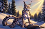 anthro breasts brown_nose cheek_tuft day detailed detailed_background detailed_fur ear_tuft exposed_breasts facial_tuft felid feline female forest forest_background fur fur_pattern hybrid inner_ear_fluff kneeling_on_ground leaning_on_rock light long_tail looking_at_viewer lynx mammal nature nature_background neck_tuft nude outdoors pantherine plant rock snow snow_leopard solo sunlight tree tuft white_body white_fur winter wolfik yellow_eyes