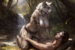 anthro belt big_breasts bodily_fluids breasts canid canine canis cartuniverse cowgirl_position cum duo female forest from_front_position fur genital_fluids genitals hand_on_chest human human_on_anthro human_penetrating interspecies leg_grab male male/female mammal nude on_bottom on_top penetration penis plant pussy river sex smile thigh_grab tree tribal_clothing vaginal vaginal_penetration waterfall white_body white_fur wolf