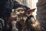 anthro balls clothed clothing drugs duo fellatio female genitals male male/female oral partially_clothed penile penis prostitution sex hyperion felid feline human khajiit mammal