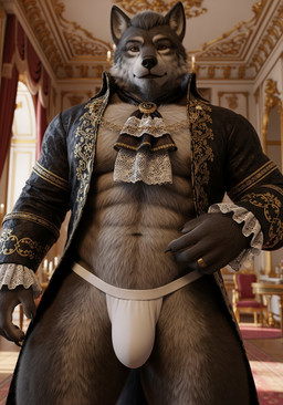 abs anthro black_claws black_nose brown_body brown_fur claws clothing day fur inside jewelry looking_at_viewer male muscular muscular_anthro muscular_male navel neckwear palace pecs ring solo standing thong underwear sweet_husbando canid canine canis mammal wolf absurd_res hi_res