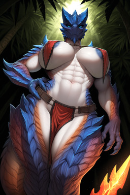 3_fingers abs anthro areola areola_slip arm_spikes belt big_breasts blade blue_body blue_eyes blue_nipples blue_scales bottomwear breast_curtains breasts chin_spikes claws clothed clothing cocked_hip countershading curvy_figure facial_spikes female fingers glowing glowing_tail half-closed_eyes hand_on_hip jungle legs_together light light_beam loincloth looking_at_viewer looking_down_at_viewer muscular muscular_arms muscular_female muscular_thighs narrowed_eyes nipple_outline nipples no_sclera outside particles plant pose pupils red_body red_clothing red_scales scales skimpy slit_pupils smile smug solo spikes spikes_(anatomy) standing_over_viewer sunbeam sunlight tail tail_blade thick_thighs tree voluptuous weapon_tail white_body white_countershading white_scales wide_hips anonymous_director capcom monster_hunter brute_wyvern glavenus absurd_res hi_res portrait three-quarter_portrait