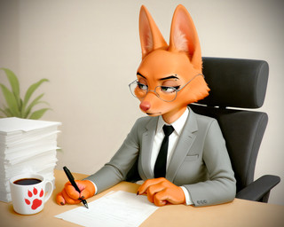 4_fingers beverage bored business_suit chair claws clothed clothing coffee container cup desk eyebrows eyelashes eyewear female finger_claws fingers footprint fur furniture glasses green_eyes holding_object holding_pen inner_ear_fluff necktie office_chair orange_body orange_fur paper pawprint pen pink_nose plant sitting solo suit table topwear tuft white_clothing hank94_(director) the_bad_guys diane_foxington canid canine fox mammal hi_res
