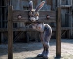 anthro breasts butt completely_nude female female_anthro fur genitals nude_art pussy restraints solo stocks transformation lewdtf lagomorph leporid mammal rabbit absurd_res hi_res