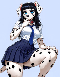 4_fingers anthro biped blue_eyes bottomwear breasts clothing collar female fingers fur hand_on_chin necktie pleated_skirt school_uniform skirt solo spots spotted_body spotted_fur uniform anonymous_director invoke_high canid canine canis dalmatian domestic_dog mammal hi_res