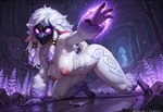 4_fingers anthro areola detailed_background female fingers fur glowing glowing_eyes hair looking_at_viewer magic magic_user markings mask nipples nude nude_female on_ground pink_areola purple_light raised_hand ruins solo white_body white_fur white_hair fe_luniferal kindred_(league_of_legends) lamb_(league_of_legends)