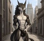 anthro black_body black_fur bulge city fur green_eyes looking_at_viewer male public seductive sergal solo