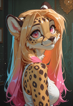 anthro big_eyes blonde_hair breasts cheek_tuft clothed clothing facial_tuft female fur hair inside looking_at_viewer medium_breasts pink_eyes pink_hair prompt shirt side_view solo tank_top topwear tuft whiskers white_body white_fur yellow_body yellow_fur deus_irae cheetah felid feline mammal 2025 absurd_res half-length_portrait hi_res portrait