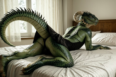 ambiguous_gender anthro bed clothed clothing crossdressing curled_horn dress furniture green_body green_scales horn looking_at_viewer male on_bed photorealism raised_tail realistic scales solo tail upskirt chromamancer the_elder_scrolls argonian reptile scalie hi_res