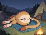 anthro anus bag casual_nudity eyes_closed female fireplace forest genitals grass lying mountain_range mountains night nude_female on_side on_towel outdoor_nudity outdoors plant pussy rear_view sky sleeping solo star starry_sky tent towel tree anonymous_director cougar felid feline mammal hi_res