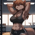 1:1 abs anthro big_breasts bodily_fluids bottomwear breasts brown_body brown_eyes brown_fur canid canine canis chest_tuft clothing female fur gym gym_clothing hands_behind_head hi_res inside keidran looking_at_viewer mammal natani shirt shorts smile smirk smirking_at_viewer solo sweat sweaty tank_top topwear tuft twokinds unknown_director wolf