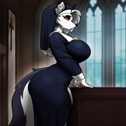 anthro big_breasts breasts female nun_habit side_view oswaldpohyl helluva_boss loona_(helluva_boss)