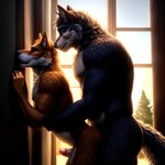 absurd_res anal anal_penetration anthro canid canine duo exhibitionism fox genitals hi_res male male/male mammal morning nipples pecs penetration penis pup_tobey side_view size_difference window window_light