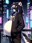 anthro belly big_belly black_clothing black_hoodie black_topwear clothing cyberpunk hair hoodie long_hair male mammal mephitid pregnant pregnant_male skunk solo topwear