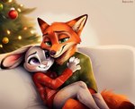 anthro blush christmas christmas_clothing christmas_ornament christmas_tree clothing cuddling duo embrace female furniture holding_partner hug inside male male/female on_sofa plant sitting sitting_on_sofa smile sofa tree zootopia alucard_(director) judy_hopps nick_wilde canid canine fox lagomorph leporid mammal rabbit hi_res