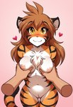 <3 ambiguous_gender anthro blush breast_grab breast_squeeze breasts brown_hair chest_tuft disembodied_hand duo female female/ambiguous female_focus first_person_view fur genitals hair hand_on_breast hands_behind_back looking_at_viewer medium_breasts nipples nude orange_body orange_eyes orange_fur pink_background prompt pussy simple_background smile solo_focus standing tuft white_body white_fur wide_hips leomole twokinds flora_(twokinds) felid human mammal pantherine tiger 2025 hi_res