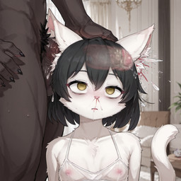 anthro balls black_hair blood bodily_fluids breasts clothed clothing cum death duo ear_penetration ear_tuft empty_eyes female fluffy_ears fur fur_tuft genital_fluids genitals gore hair hand_on_head holding_head inside interspecies male male/female nipples nosebleed nude penetration penis tail tail_up translucent translucent_clothing tuft unknown_male white_body white_fur x-ray_view yellow_eyes kiyoka ver domestic_cat felid feline felis mammal hi_res