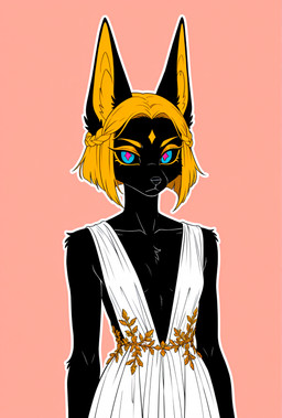 anthro black_body black_fur black_sclera blonde_hair breasts clothing collarbone female fur hair looking_at_viewer markings metallic_hair pink_background pink_pupils pseudo_hair pupils simple_background small_breasts solo standing white_clothing yellow_markings loren_iipsum canid canine canis domestic_dog mammal hi_res