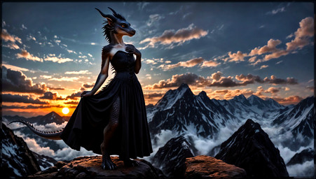 anthro clothed clothing dragoness dress female mountains mythology photorealism solo sunrise sunset miracleofmystery dragon humanoid mythological_creature mythological_scalie scalie black hi_res