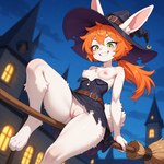 anthro belt blush breasts broom cleaning_tool clothed clothing digitigrade dress female flying fur genitals green_eyes grin hair hat headgear headwear looking_down medieval night nipples orange_hair pink_nose ponytail pussy scut_tail short_tail skimpy slim small_breasts smile solo topwear torn_clothing town white_body white_fur witch_hat sagrael evelyn_blair_(sagrael) lagomorph leporid mammal rabbit hi_res