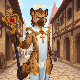 annoyed anthro bulge clothed clothing cross crossdressing dress footwear fur halo legwear looking_at_viewer male multicolored_body multicolored_fur pelvic_curtain pose priest socks solo staff tail thigh_highs plapenjoyer hyaenid mammal spotted_hyena