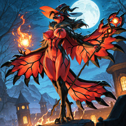 anthro beak big_breasts breasts cloak clothing crazy_eyes female fire genitals hat headgear headwear magic moon night pussy solo staff standing talons witch_hat erta_wanderer nintendo pokemon generation_6_pokemon legendary_pokemon pokemon_(species) yveltal hi_res
