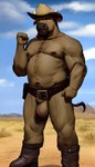 anthro balls belt body_hair boots bovid bovine brown_body bulge cattle clothing cloud cowboy cowboy_hat dogarrowtype footwear genitals hat headgear headwear hi_res male mammal musclegut muscular muscular_anthro muscular_male nipples pecs sky solo western