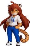 anthro belt black_stripes bottomwear chibi clothing denim denim_clothing felid female flora_(twokinds) footwear fur golden_eyes hair hi_res jeans looking_at_viewer mammal nendoroid orange_body orange_fur pantherine pants red_hair shirt shoes sneakers solo striped_body striped_fur stripes technical_monkey tiger topwear twokinds